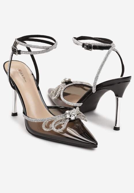 Czarne Transparentne Sandały na Szpilce z Cienkimi Paskami z Cyrkoniami Peppis