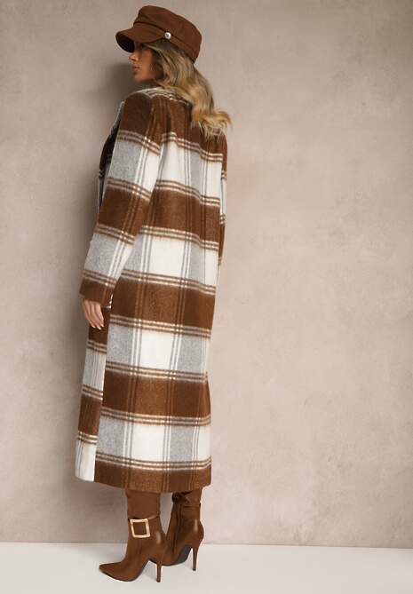 Brązowy Niezapinany Płaszcz w Kratkę z Kieszeniami z Klapą Fiboila