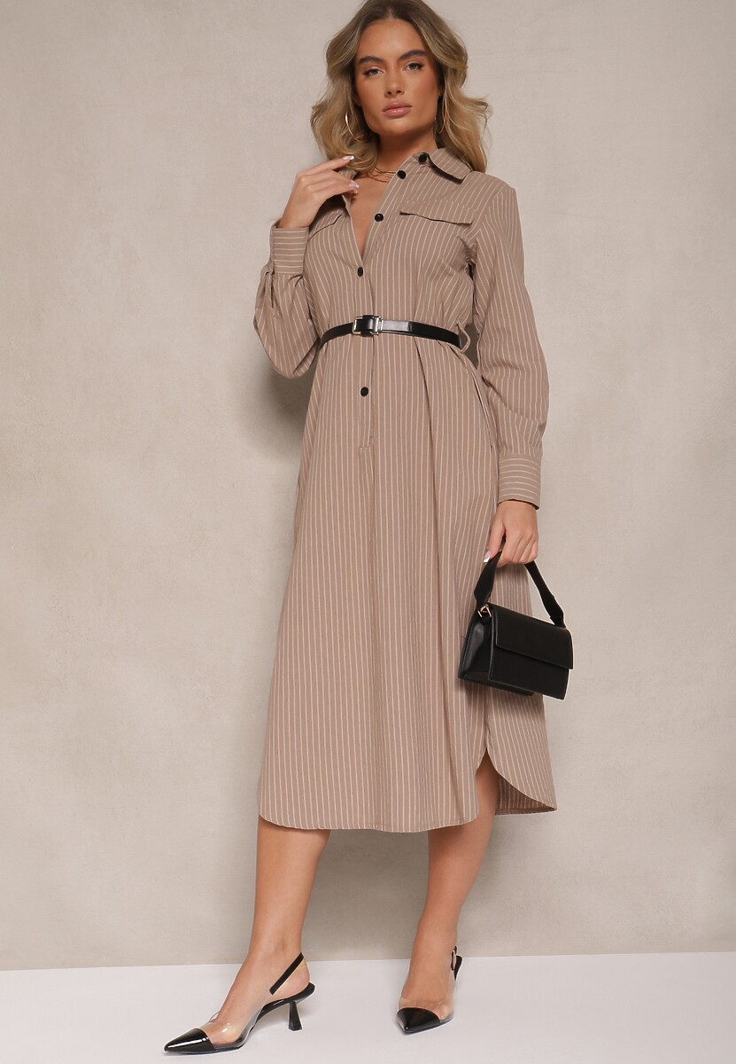 Ciemnobeżowa Sukienka Koszulowa z Guzikami Ozdobiona Imitacją Kieszeni i Paskiem Tintorella
