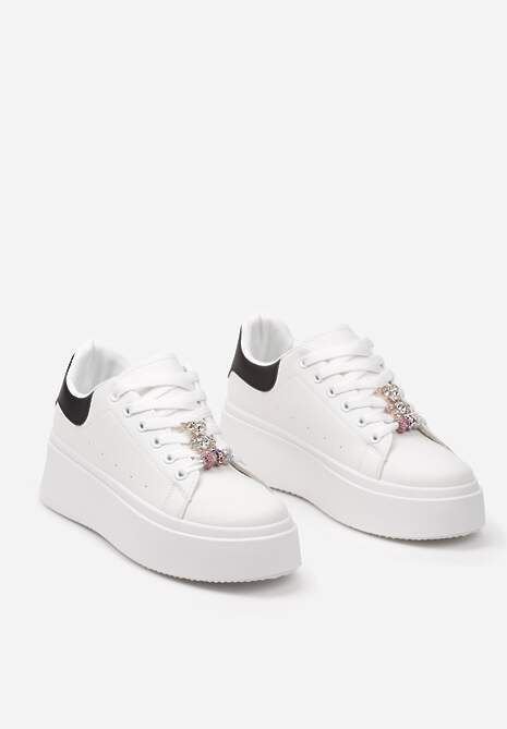 Biało-Czarne Sneakersy z Cyrkoniami na Sznurówkach z Platformą Nomiji