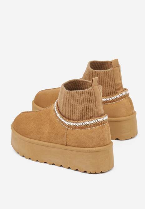 Jasnobrązowe Śniegowce VICES na Platformie ze Skarpetkową Cholewką i Haftem Ebentia