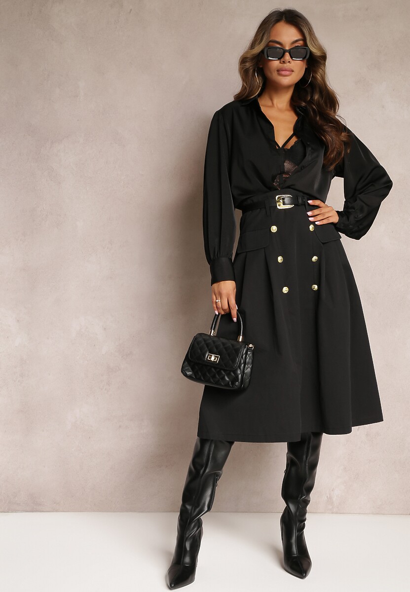 Czarna Rozkloszowana Midi Spódnica z Paskiem z Ekoskóry i Ozdobnymi Guzikami Lidias