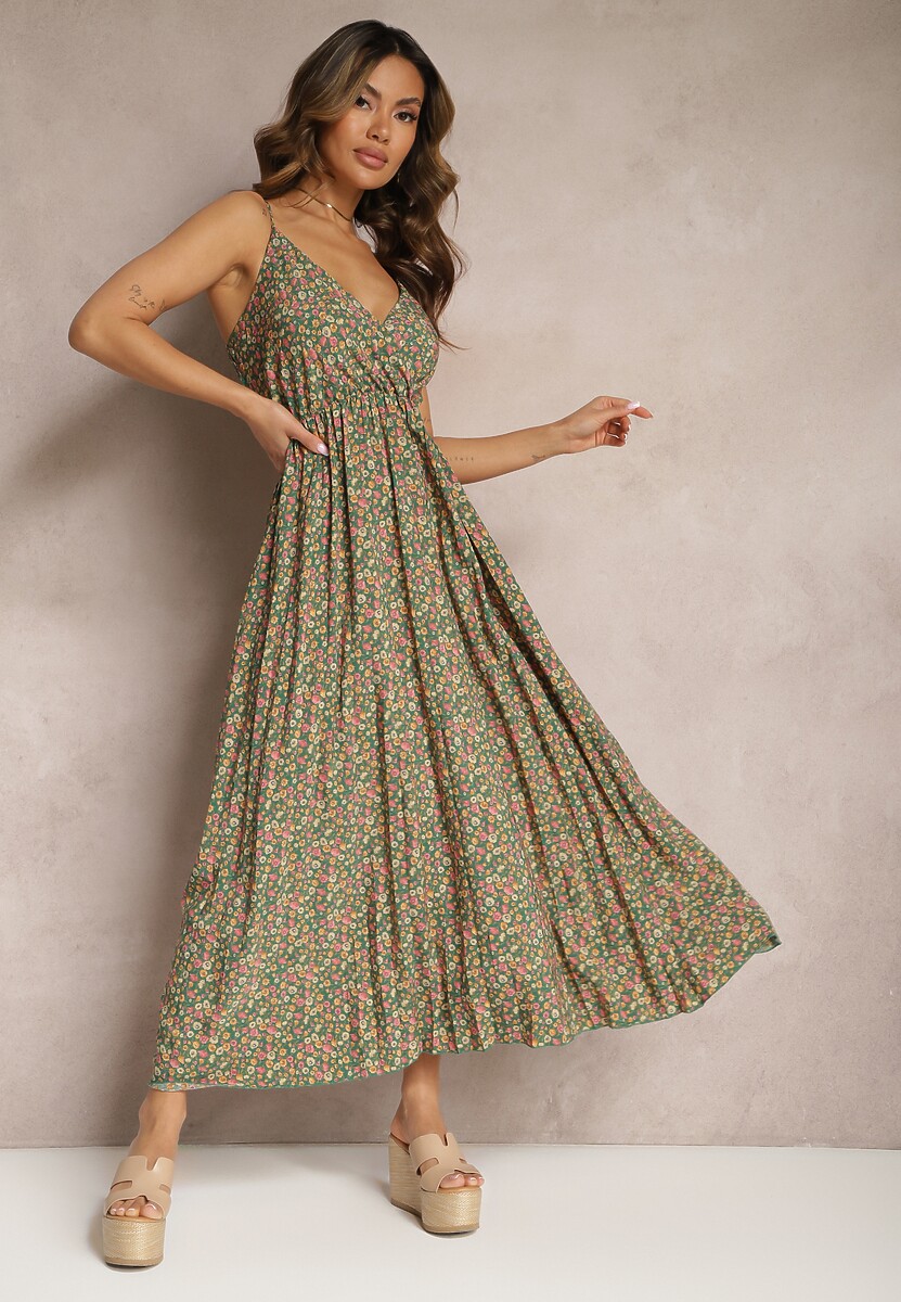 Jasnobeżowa Sukienka na Ramiączkach z Kopertowym Dekoltem z Plisowaniem i Letnim Wzorem Rysenna