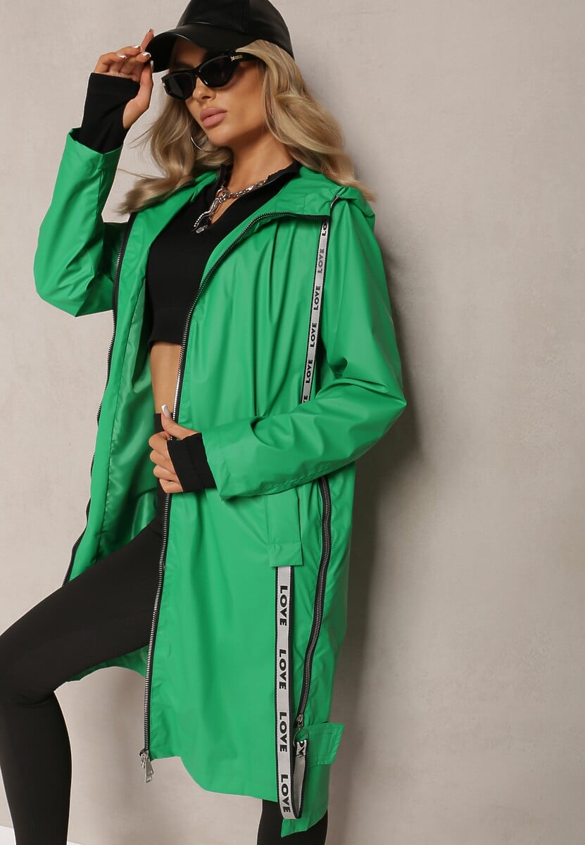 Czarny Płaszcz za Kolano z Tasiemką i Kapturem Penela