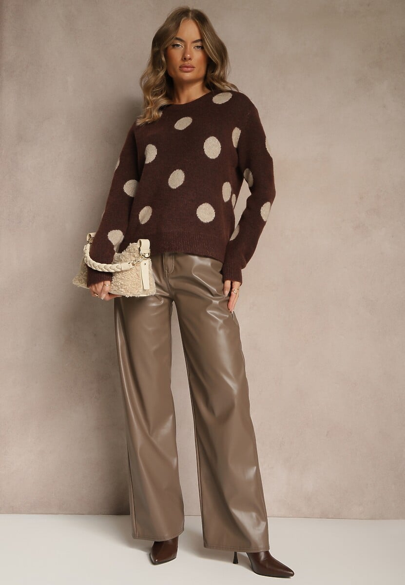 Brązowy Sweter z Wełną o Prostym Kroju w Grochy Fenilevia