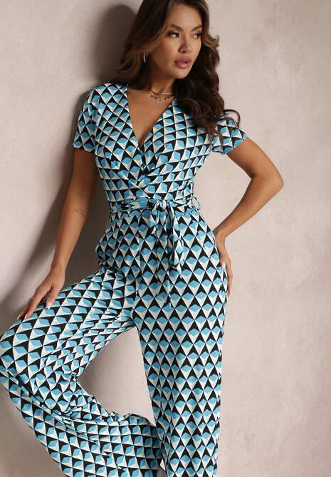 Niebieski Kopertowy Kombinezon z Krótkim Rękawem i Długimi Nogawkami Avrey