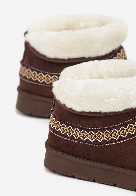 Ciemnobrązowe Rustykalne Śniegowce z Imitacji Zamszu z Haftem i Futerkiem Zetilda
