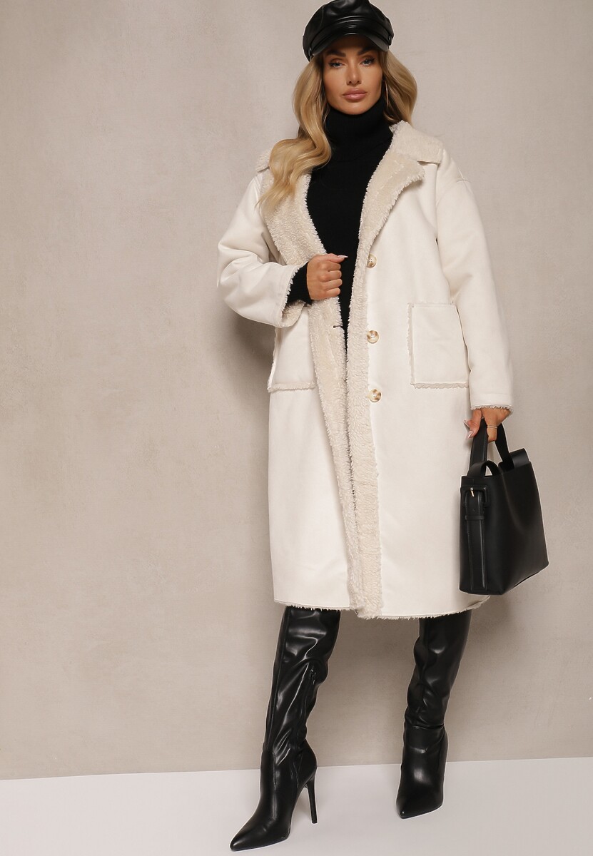 Jasnobeżowy Jednorzędowy Płaszcz Futerko z Imitacji Zamszu z Kieszeniami Etanielis