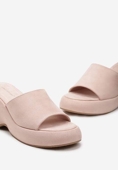 Różowe Jednolite Klapki z Szerokim Paskiem na Koturnie z Platformą Kaldira