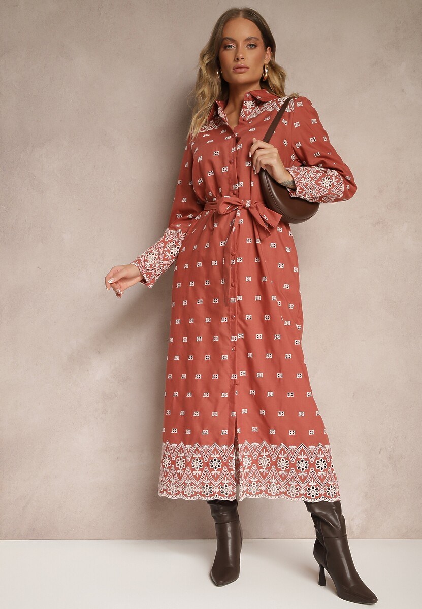 Jasnobrązowa Koszulowa Sukienka Zdobiona Haftowanym Wzorem Wiązana w Pasie Tinnora