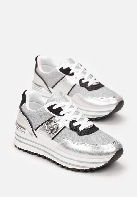 Srebrne Brokatowe Sneakersy na Grubej Podeszwie Lelina