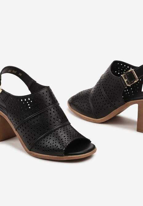 Czarne Sandały Ażurowe na Słupku ze Sprzączką Limania