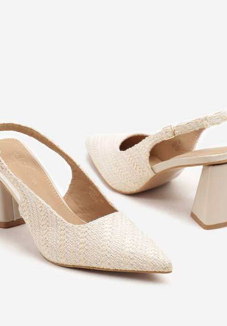 Beżowe Tweedowe Sandały Slingback na Słupkowym Obcasie Taslia