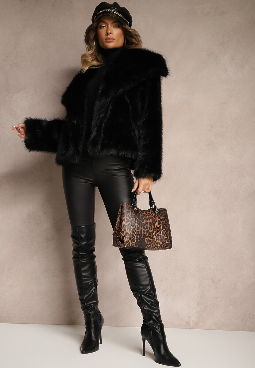 Czarna Elegancka Kurtka Futerko z Kołnierzem Vertirida