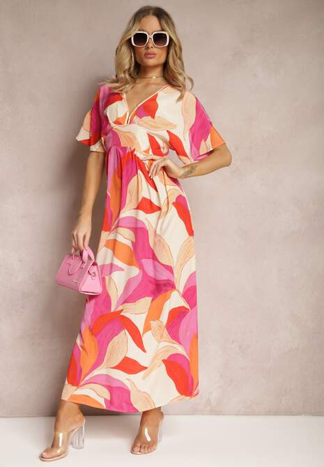 Różowo-Beżowa Rozkloszowana Sukienka z Krótkimi Rękawami Typu Nietoperz Leraphi