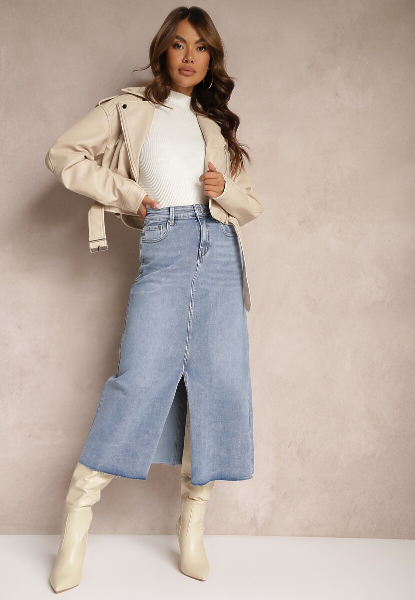 Jasnoniebieska Spódnica Maxi z Rozcięciem z Jeansu Vonuline