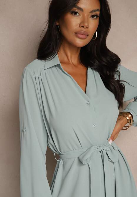 Niebieska Casualowa Sukienka Koszulowa na Guziki z Kieszeniami Jezebel