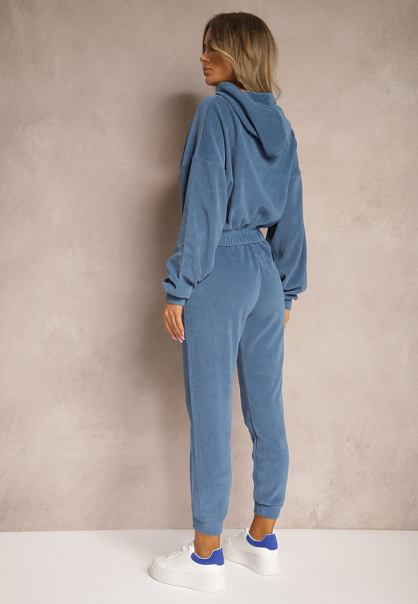 Granatowy Komplet Dresowy z Dodatkiem Bawełny Spodnie z Gumką w Pasie i Bluza z Kapturem Hasaria