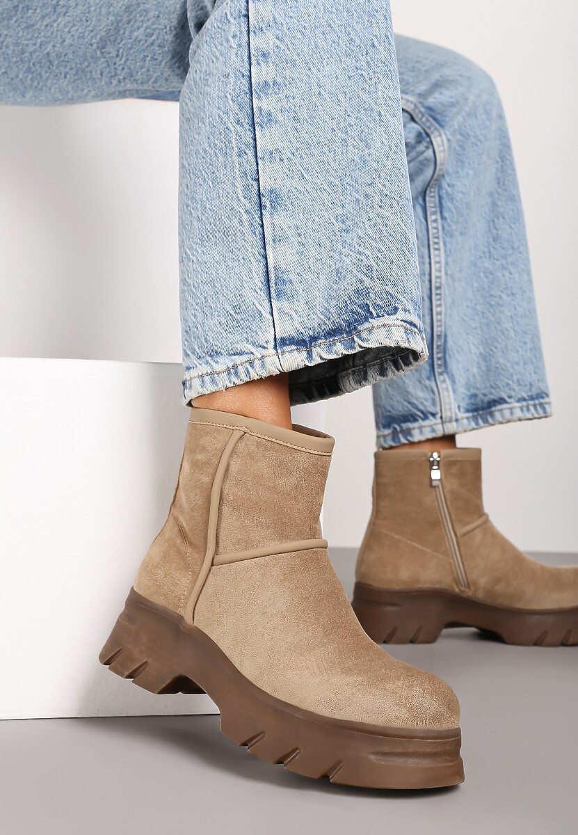 Ciemnobeżowe Ekozamszowe Botki na Grubej Podeszwie Cinzina