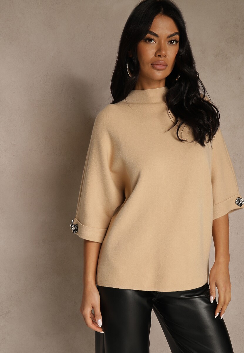 Beżowy Sweter z Cyrkoniami przy Rękawach Corentusa