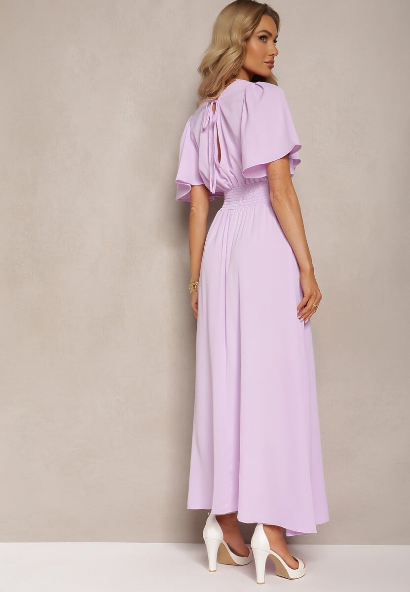 Jasnofioletowa Sukienka z Luźnymi Rękawami Wiązaniem z Wycięciem na Plecach i Gumką w Talii Valenta