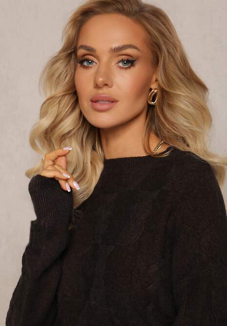 Czarny Warkoczowy Sweter z Długim Rękawem i Ściągaczami Kaviss
