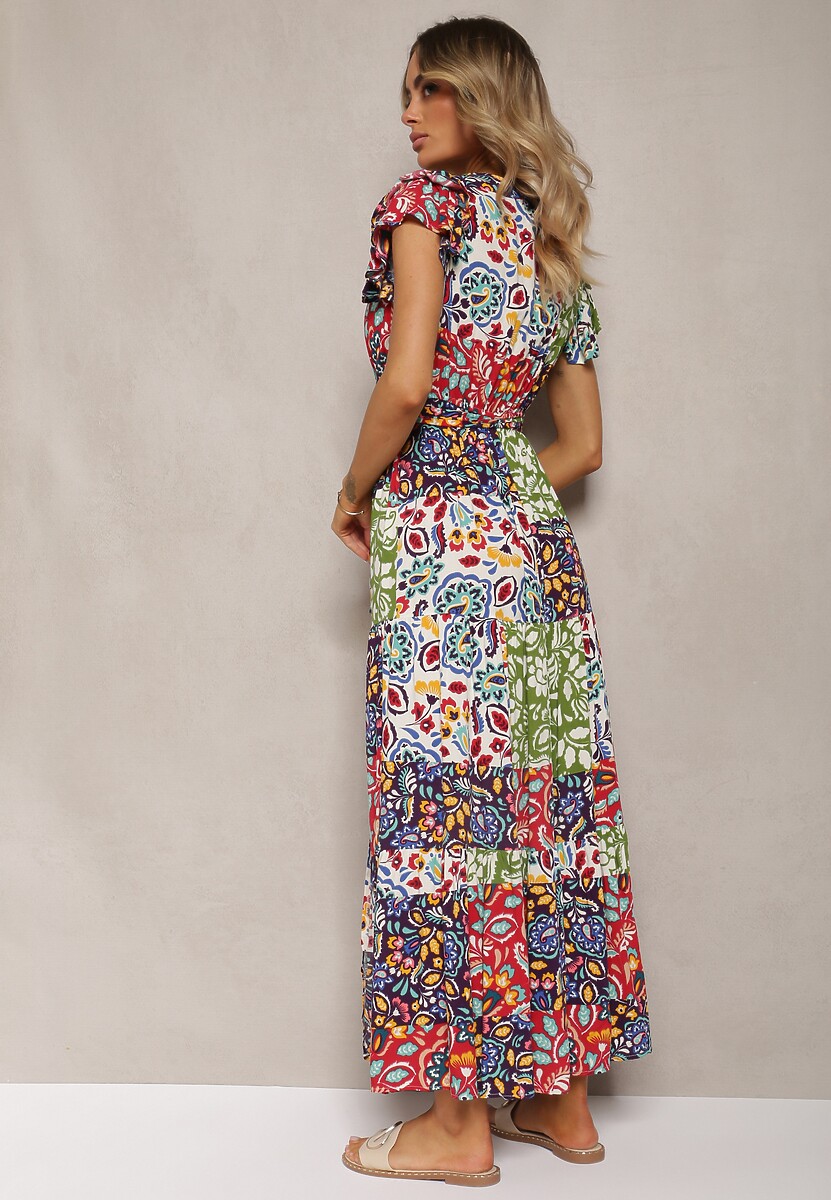 Czerwono-Niebieska z Krótkim Rękawem z Wiskozy z Gumką w Talii z Materiałowym Paskiem i  Dimonte