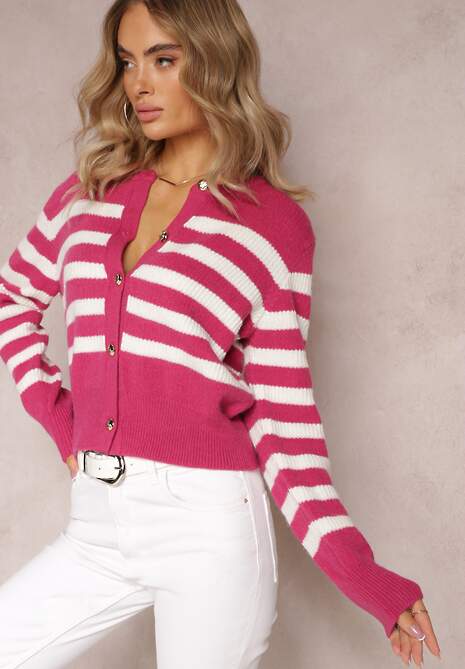 Różowy Luźny Krótki Kardigan Zapinany na Guziki w Paski Abburra