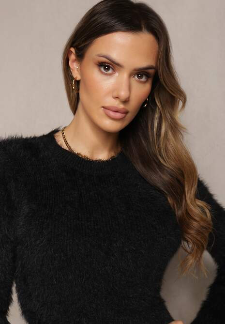 Czarna Sweterkowa Sukienka Midi Puchowa Dzianina z Wełną Breixate