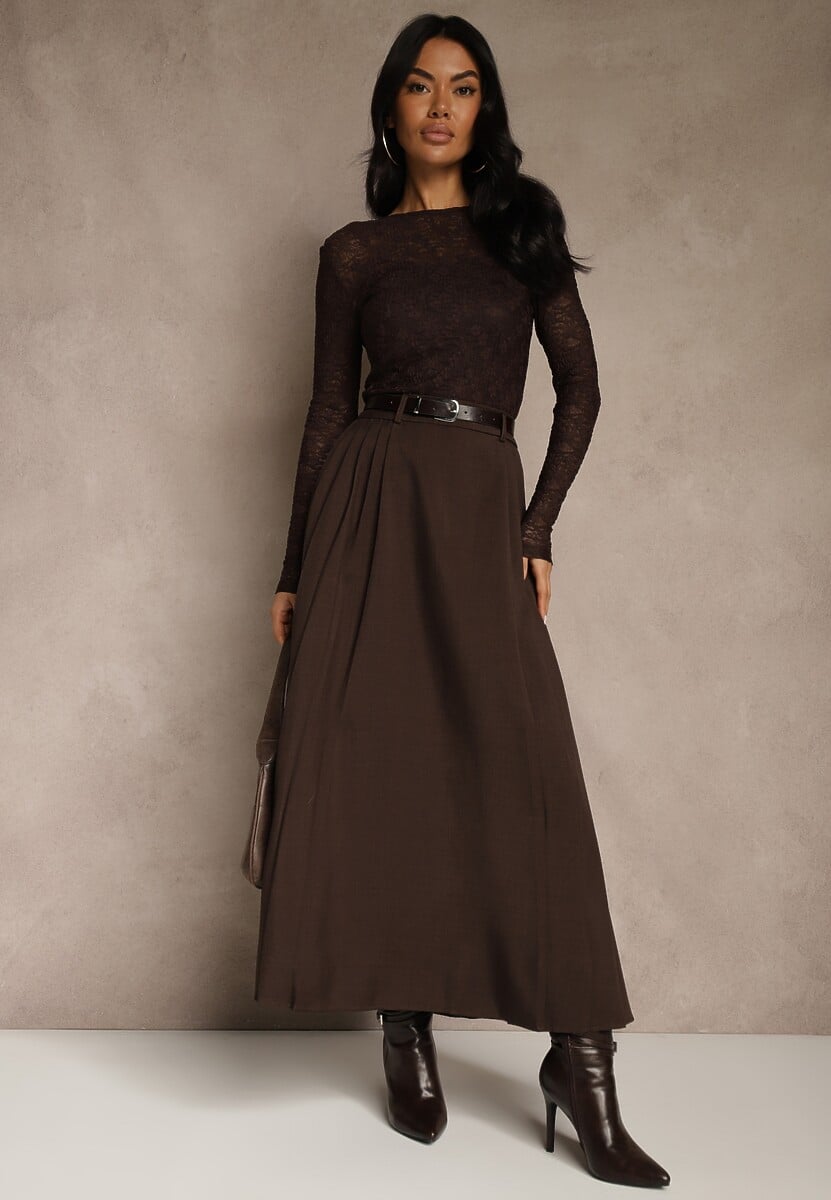 Brązowa Rozkloszowana Spódnica z Wiskozy z Dodatkowym Paskiem z Klamrą Lowedina
