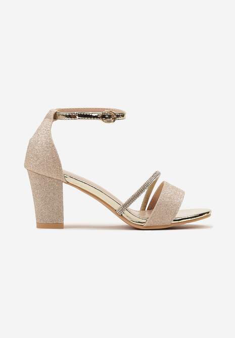 Złote Sandały na Słupku Ozdobione Cyrkoniami i Brokatem Zapinane na Sprzączkę Wejkis