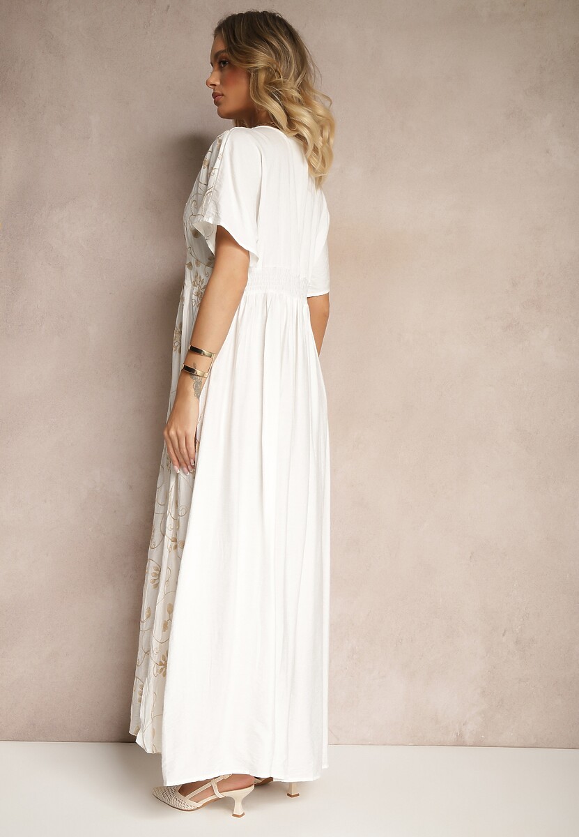 Biała Sukienka z Wiskozy Ozdobiona Haftem i Metaliczną Nicią Ivelvesa