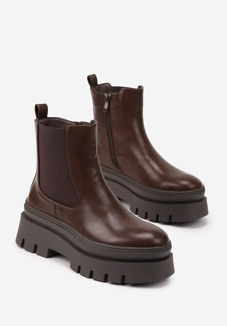 Brązowe Casualowe Botki Typu Sztyblety na Tłoczonej Platformie Riadira