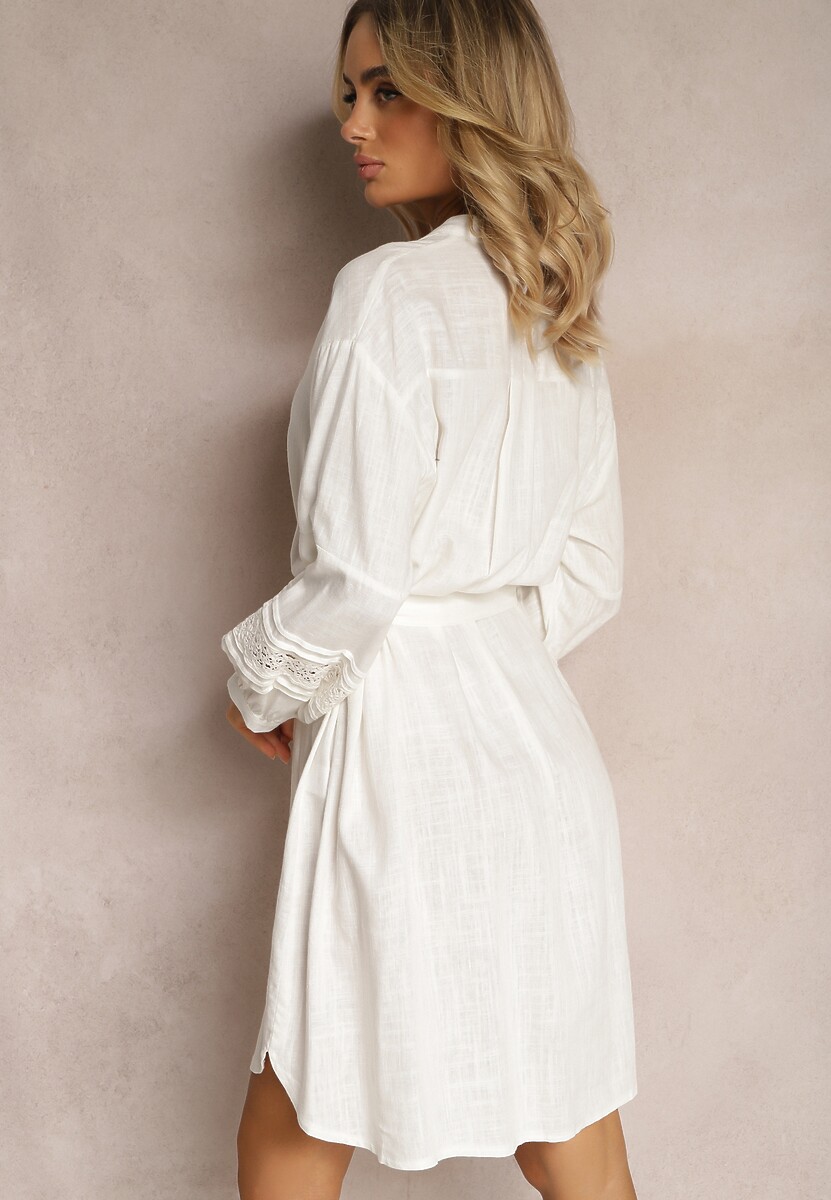 Biała Sukienka Koszula z Haftowanym Rękawem Wiązana w Pasie Passacalia