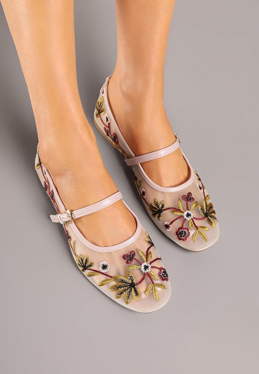 Beżowe Balerinki z Siateczki w Stylu Mary Jane Zdobione Kwiatowym Haftem Nitelissa