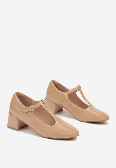 Beżowe Czółenka Lakierowane na Słupku Wykończone Sprzączką Velarise