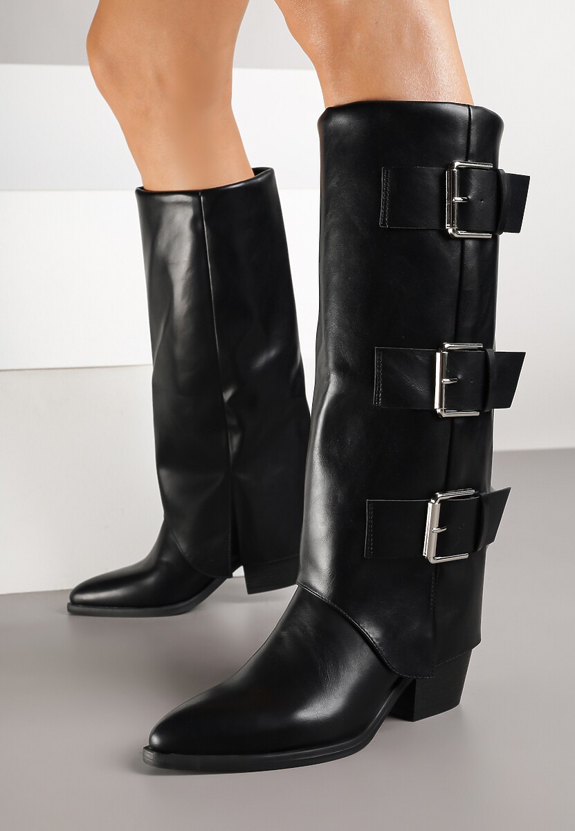 Brązowe Kozaki na Słupku Kowbojki Ozdobione Metaliczną Aplikacją i Wywiniętą Cholewką Latareia