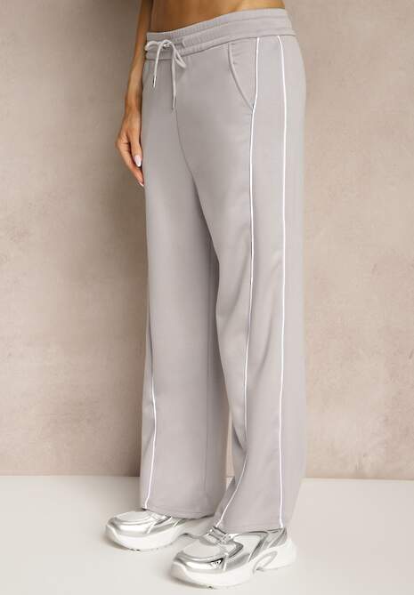 Jasnoszare Spodnie Dresowe z Bawełną o Szerokim Kroju High Waist z Paskami Salliara
