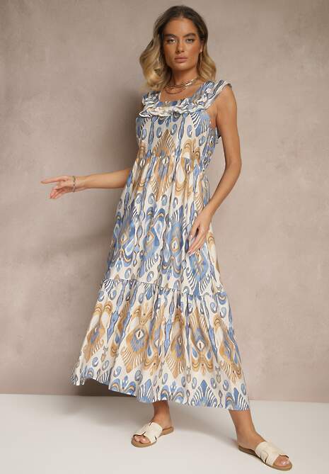 Niebieska Sukienka Rozkloszowana Wiskozowa Wiązana na Plecach we Wzór Boho Turieza