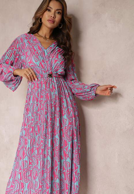 Niebieska Plisowana Sukienka Maxi z Gumką w Pasie i Materiałowym Paskiem Yuritza