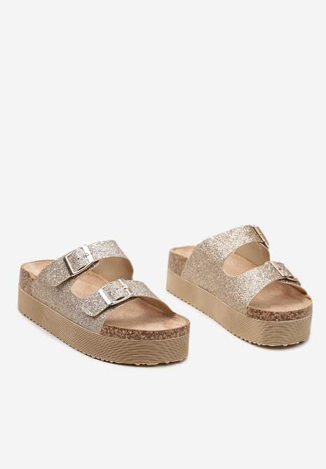 Złote Klapki na Platformie z Korkową Wstawką i Klamrami Ozdobione Brokatem Sumeria