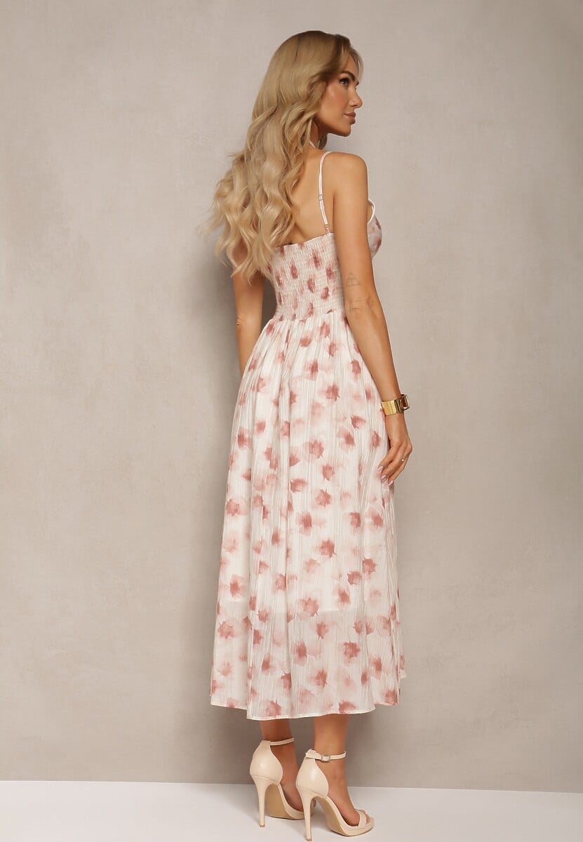 Różowo-Beżowa Sukienka z Chokerem z Kwiatem o Rozkloszowanym Kroju na Ramiączkach Kremeria