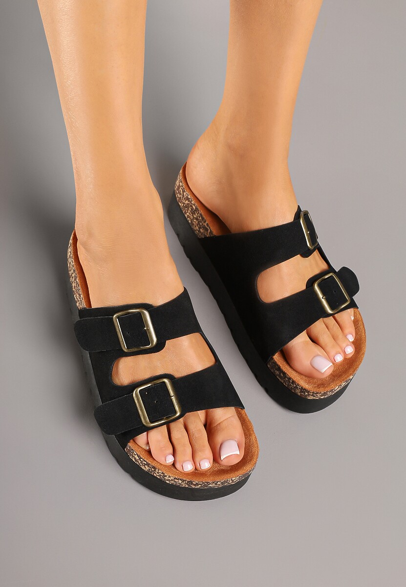 Czarne Klapki na Platformie z Korka Ozdobione Klamrami Ravilisse