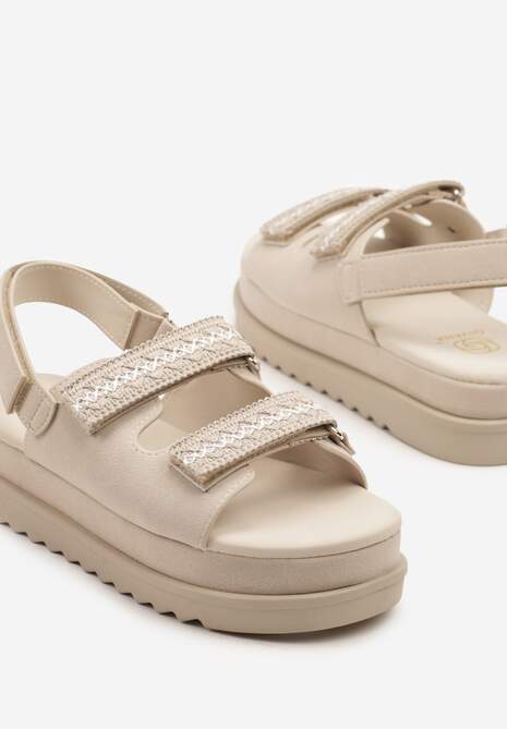 Beżowe Sandały na Niskiej Platformie z Zapięciem na Rzep Zdobione Haftem Soreze