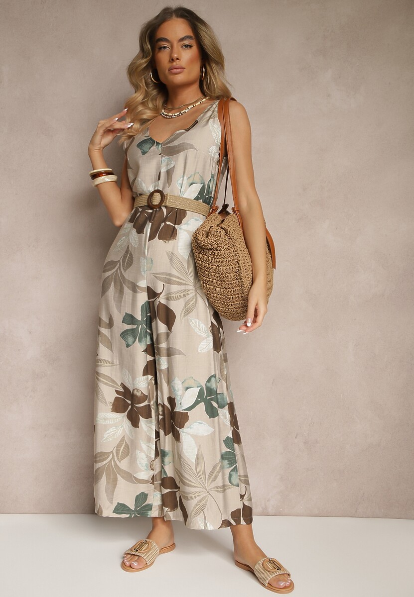 Beżowy Kombinezon Wide Leg z Wiskozą na Ramiączkach Filitiela