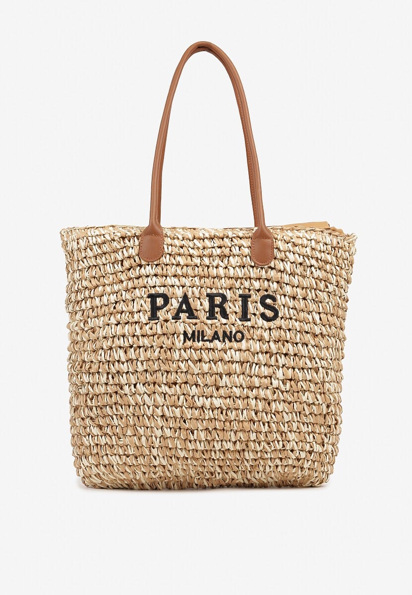 Beżowa Torebka z Plecionki w Stylu Shopper z Napisem Galinesa