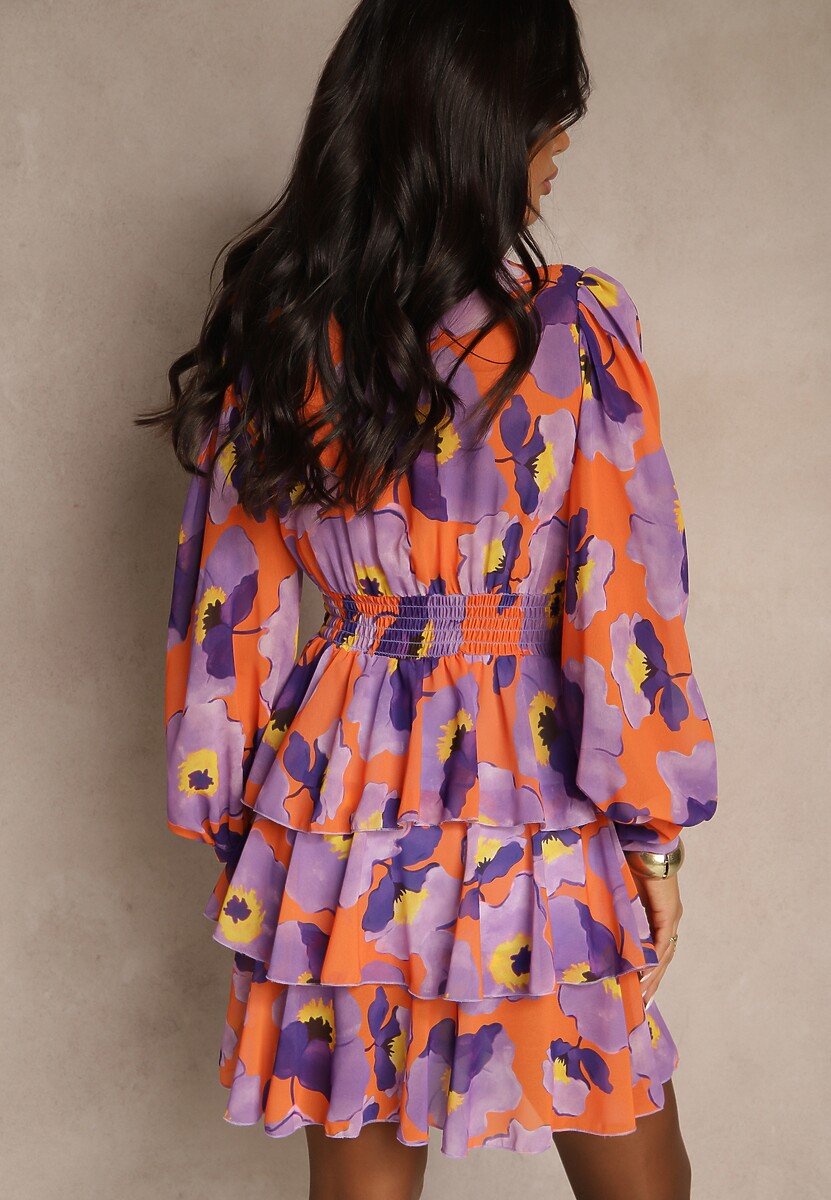 Fioletowa Sukienka Mini z Falbankami Baelyn