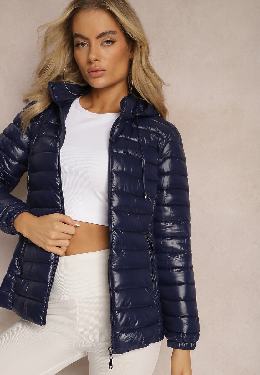 Granatowa Pikowana Kurtka z Odpinanym Kapturem Telianna