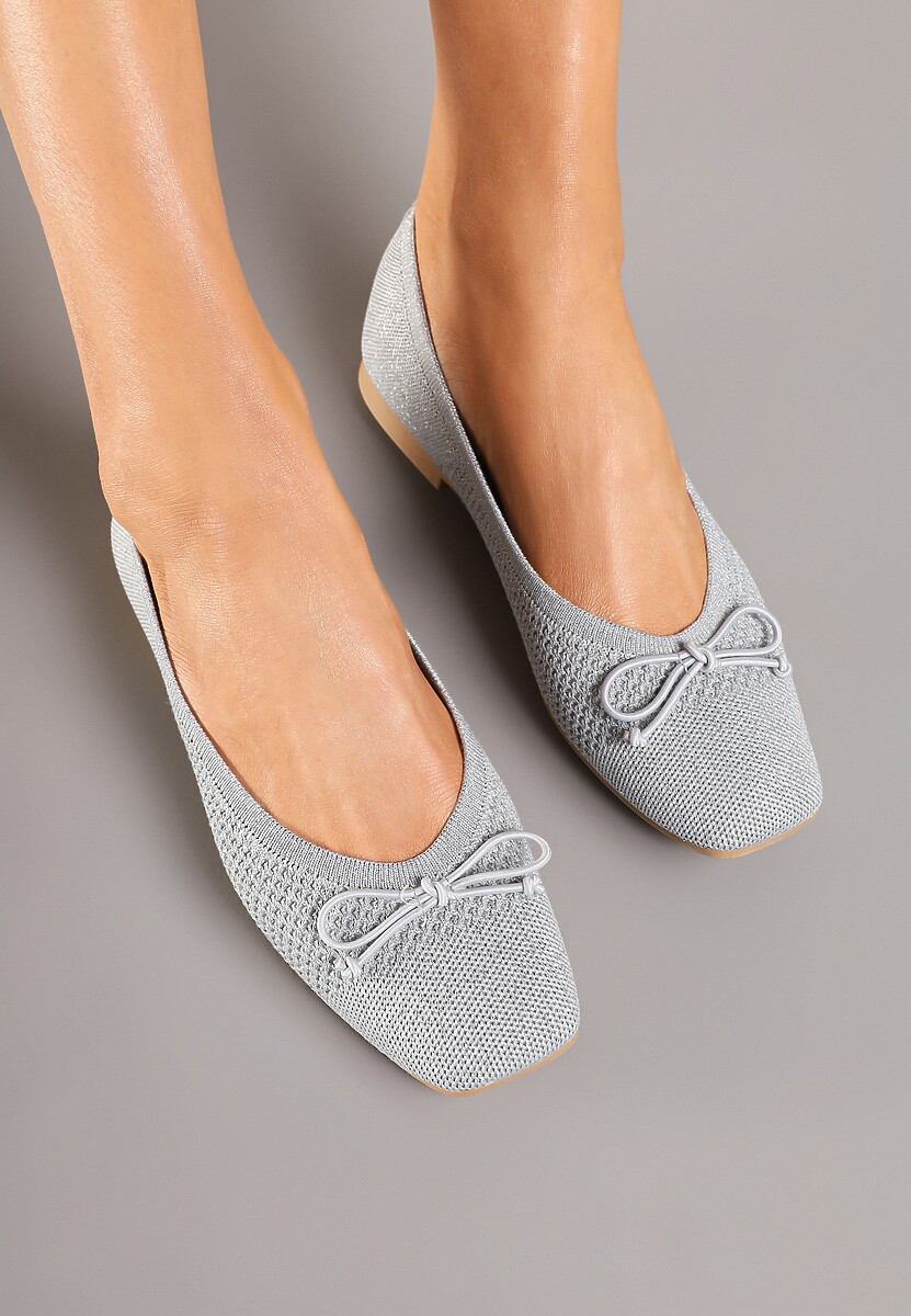 Srebrne Plecione Balerinki na Płaskiej Podeszwie z Kokardą Felarine