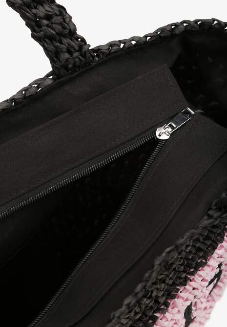 Różowo-Czarna Pleciona Torebka w Stylu Boho Ozdobiona Napisem Oegelia